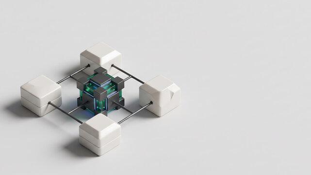 Architectural core surrounded by precision modules representing digital banking and financial infrastructure