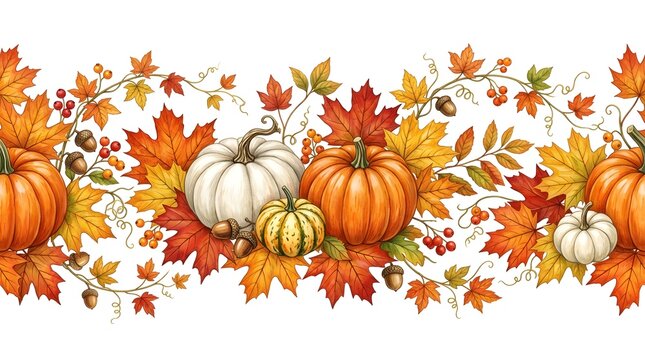 Autumn harvest border with pumpkins, colorful maple leaves, acorns, and berries, isolated on white background