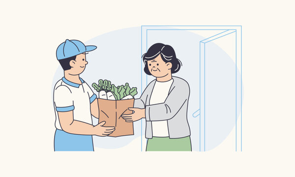 Delivery Service Worker Bringing Groceries to Elderly Woman at Home Assistance Vector