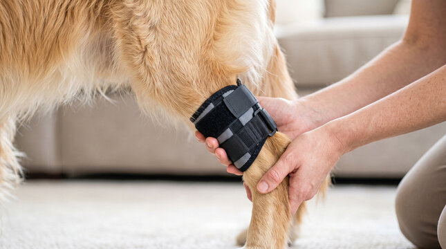 Pet Owner Supporting a Golden Retriever Wearing a Leg Brace
