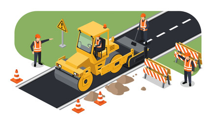 Naklejka premium Road construction isometric view with steamroller, workers, and safety barriers.