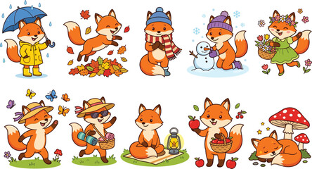 Obraz premium Cute Cartoon Fox Character Vector Set with Four Seasons Activities, Weather Themes, Holiday Outfits, and Forest Animals Elements for Kids Nursery and Children Graphic Designs