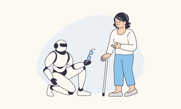 Service Robot Assisting Elderly Lady Picking Up Dropped Items Technology Aid Vector