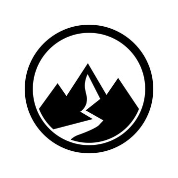 Mountain Icon Vector Illustration, Outdoor Nature Symbol and Travel Logo Design with Nautical Sailboat, Ship, Sea, Water and Circular Decorative Elements