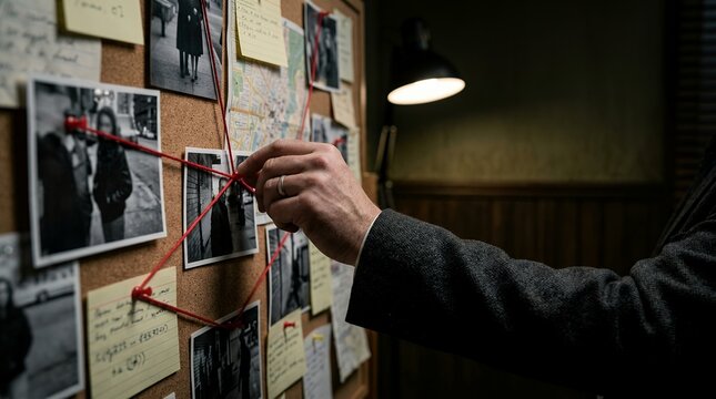 Detective pinning red string on evidence board to connect crime scene photos and case notes.