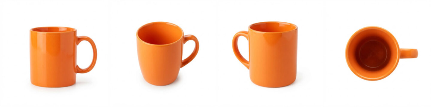 Orange mug set from different angles isolated on white background, showing glossy ceramic coffee cup views for kitchenware branding, graphic design, merchandise mockups and cafe promo