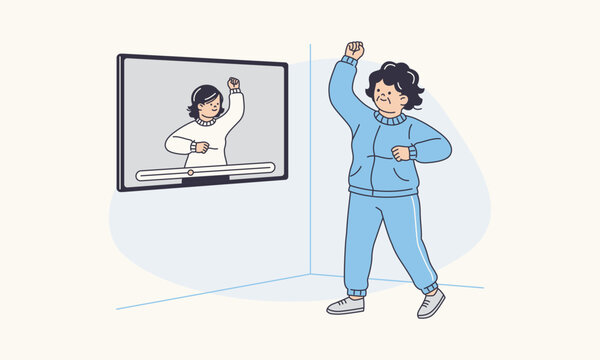 Active Elderly Woman Following Online Exercise Video from Television Screen Vector
