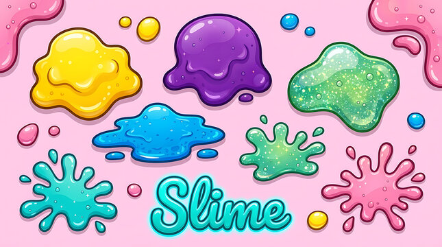 Colorful Slime Shapes and Droplets Set Featuring Vibrant Gooey Textures for Creative Projects