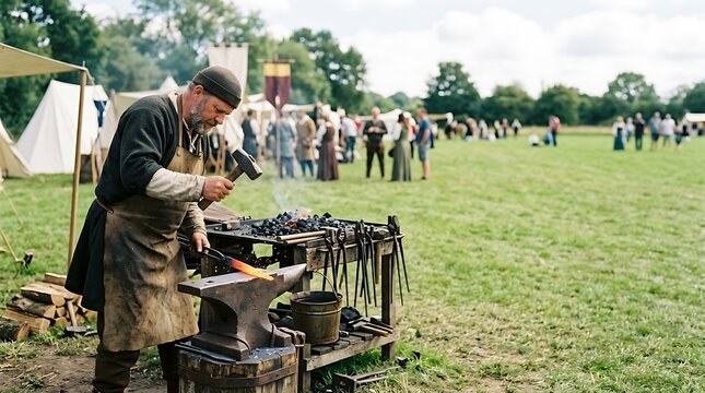 Medieval blacksmith forging hot iron at outdoor festival
