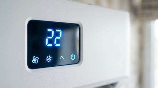 Air conditioner digital display showing temperature setting for home climate control system.