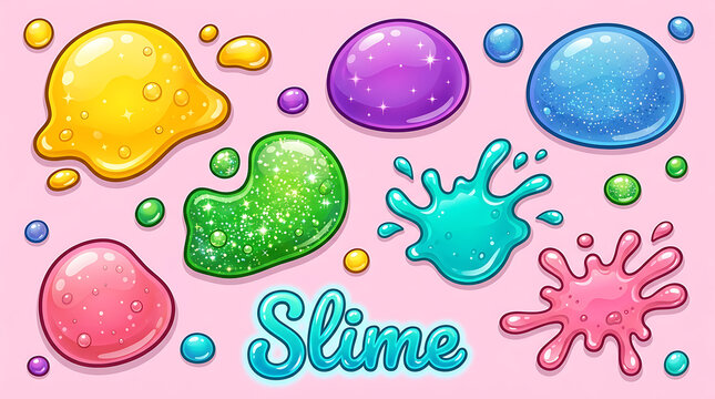 Colorful Glittery Slime Blobs Set with Vibrant Glossy Goo Textures and Playful Typography