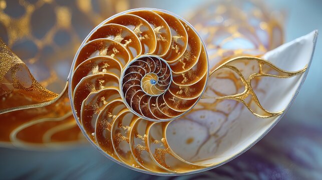 A stunning close-up of a nautilus shell with intricate golden details and a spiral pattern