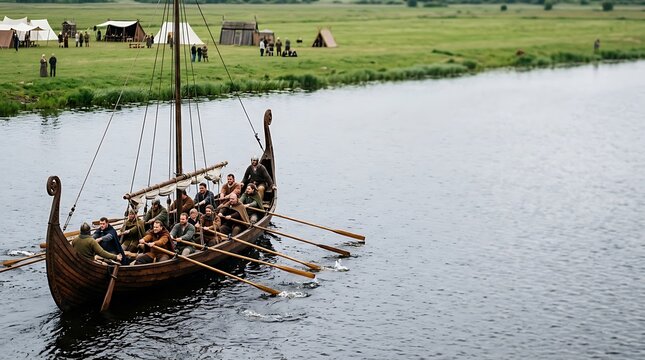 Viking longship with crew rowing on a calm river