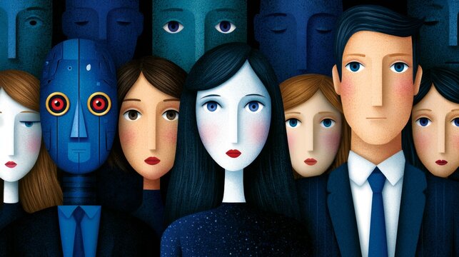 Surreal Vision of Job Displacement and Skill Gap in the Age of AI with Abstract Characters Representing Social Concerns and Future Challenges