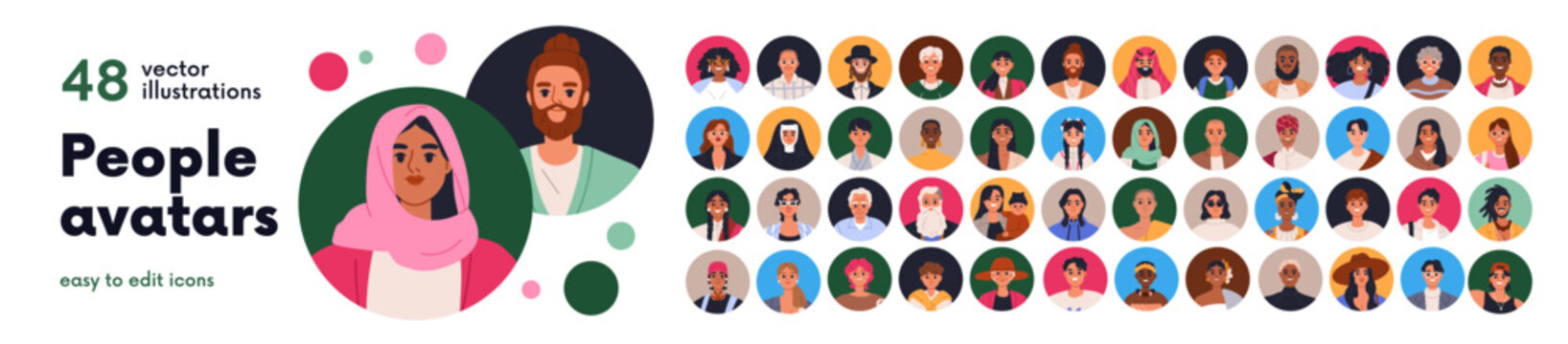 People avatars set. Diverse round user profile portraits. Men, women, different race, nationality. Multicultural multinational faces in circles. Flat vector illustrations isolated on white background
