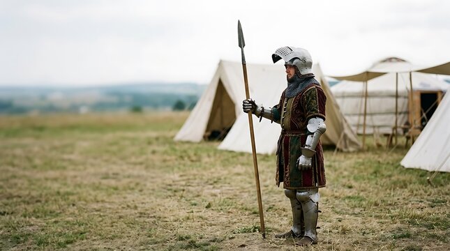 Medieval knight in armor holding spear at military camp