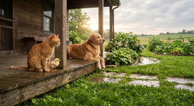 Cat, dog, and chick resting on porch of rustic farmhouse in countryside