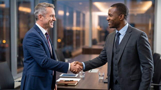 Businessmen shaking hands in modern office during successful meeting