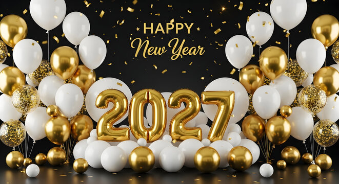 Festive celebration background featuring gold and white balloons with confetti for happy christmas day and happy new year 2027 to mark the upcoming holiday season