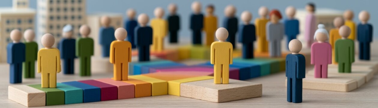 Diverse wooden figures representing various professions and roles in a colorful environment, symbolizing the changing landscape of jobs and skills amidst technological advancements.