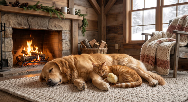 Golden retriever, cat, and chick resting by fireplace in cozy cabin