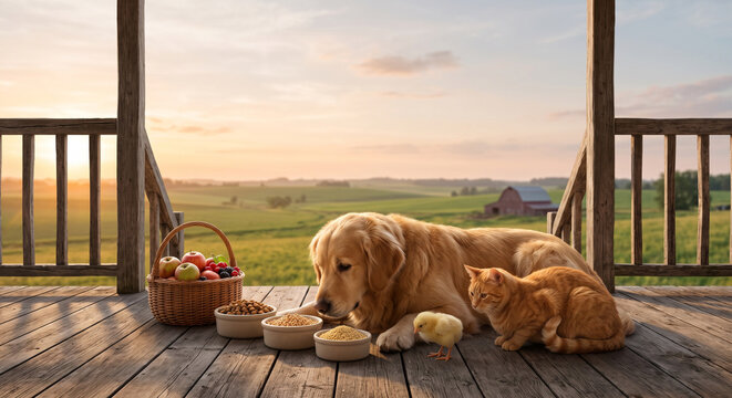 Golden retriever and orange cat with chick on porch at sunset