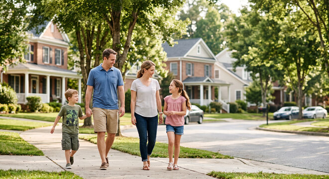 Family walking together on suburban sidewalk with houses and trees in the background