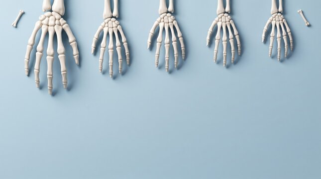 Five white plastic skeleton hands arranged in a row for a spooky helloween holiday background design