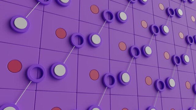 4k oddly satisfying mechanical physics simulation model showing perpetual motion. Seamless loop of kinetic grid pattern with moving cylindrical pegs and sliding connected rings