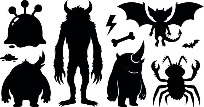 Set of various monsters and creatures silhouettes