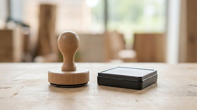Wooden rubber stamp and black ink pad on office desk