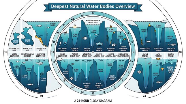 Deepest natural water bodies educational infographic clock diagram