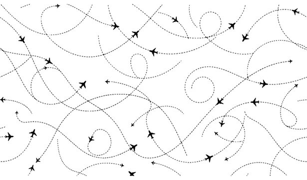 Airplane Flight Path Seamless Black Vector Pattern, Aviation Travel Route Background