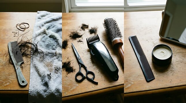 Professional barber tools and cut hair on wooden table