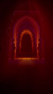 Gothic Warm Orange Concert Stage Visual of Temple Tunnel with Ambient Fog