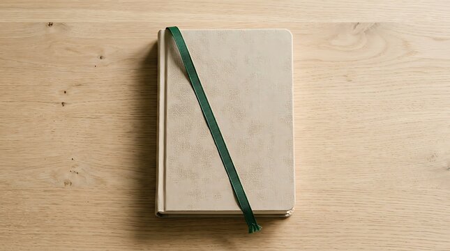 Minimalist beige notebook with green ribbon on wood table