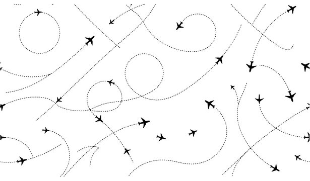 Airplane Journey Flight Path Seamless Vector Pattern, Black Aviation Travel Design