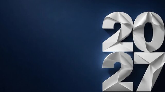 White paper craft 2027 numbers with folded geometric surfaces and long shadows on a dark blue background, forming a clean New Year animation with a small decorative sparkle in the corner