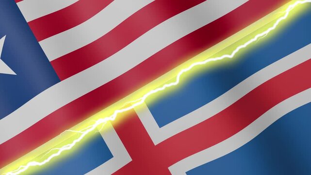 Two waving flags Liberia and Iceland with diagonal lightning seamless, 4k loop