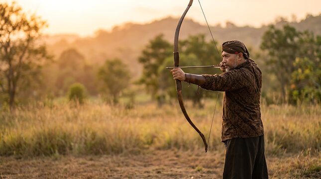 Traditional indonesian archer aiming bow in field at sunset