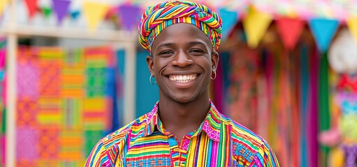 Naklejka premium A smiling man in bright traditional African clothing and headwrap celebrates cultural pride with joyful expression.