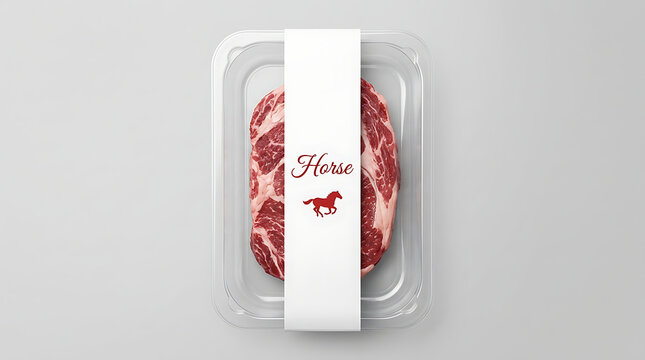 Plastic tray holding raw meat packaging mockup with label on grey background