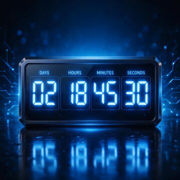 Digital countdown timer displaying remaining time against futuristic background