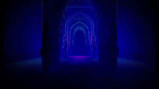 3D Render of Gothic Temple Corridor with Ornate Archway Under Electric Blue Light