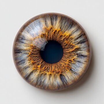 Macro view of a detailed human eye iris with intricate fibrous patterns and golden brown textures on white background