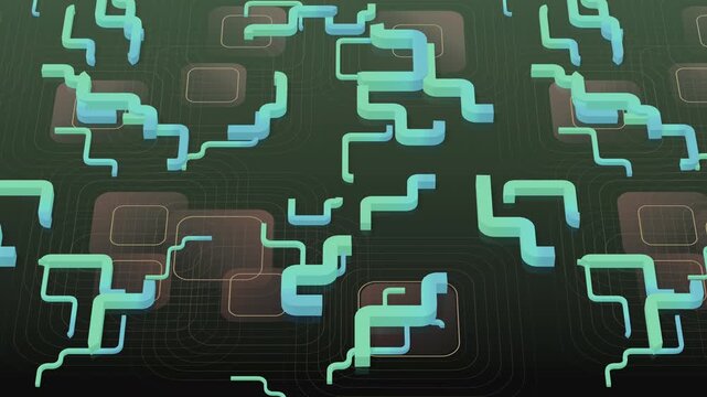 Seamless loop of abstract kinetic maze with moving pipe segments and curvy geometric tracks. Oddly satisfying motion design animation of sliding circuit paths and rounded square frames background.