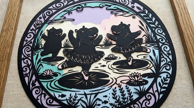 Vintage linocut print of dancing hippos on lily pads. Circus animal illustration with ornamental border. Hand-carved woodland scene with ballet animals and whimsical pond life. Decorative nature