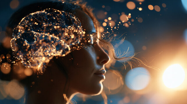 Side view silhouette of a woman with a glowing digital brain overlay representing mind work subconscious thought and brain connection in bright light silhouette glowing brain therapy