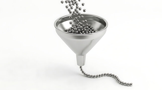 3D illustration of metal spheres being poured into a funnel transforming into a chain