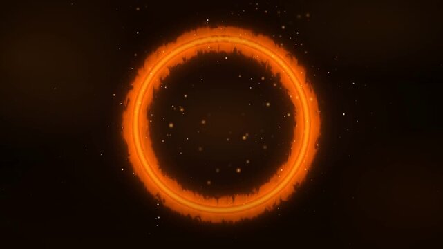 Burning fire ring with flickering flames and rising embers looping on dark background